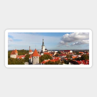 View from Toompea of the Lower Town, Old Town with Olai's Church or Oleviste Kirik, and a tower of the city wall, Tallinn, Estonia, Europe Sticker